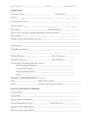 Child Intake Form for ABA Therapy