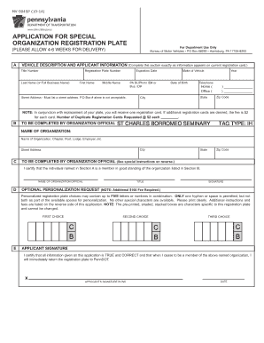 Pennsylvania Special Organization Registration Plate Application