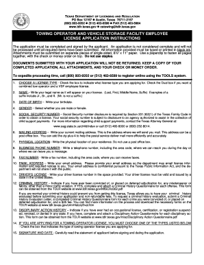 Texas Towing Operator and Vehicle Storage Facility Employee License Application
