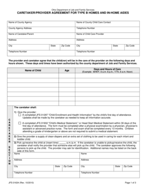 Ohio Caretaker/Provider Agreement for Type B Homes and In-Home Aides