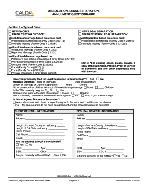 California Divorce and Legal Separation Questionnaire