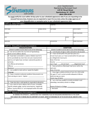 Spartanburg Municipal Court Juror Questionnaire