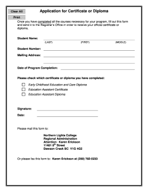 Application for Certificate or Diploma