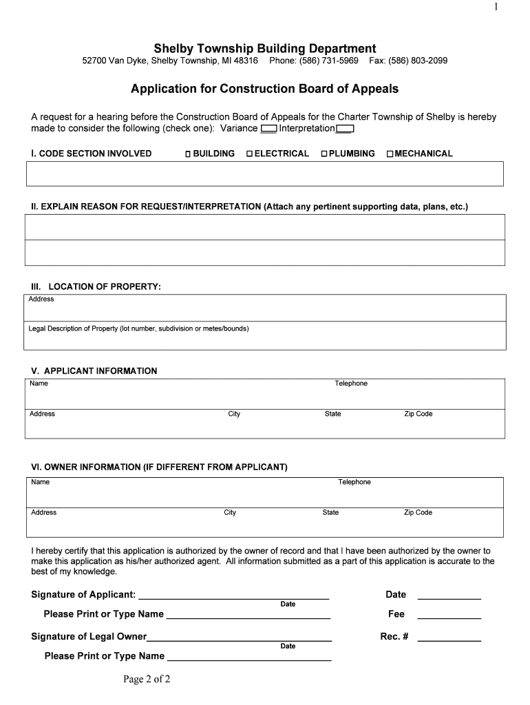 Fillable Online shelbytwp Shelby Township Building Department Fax Email