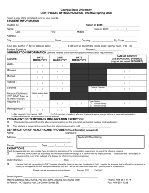 Georgia State University Immunization Form