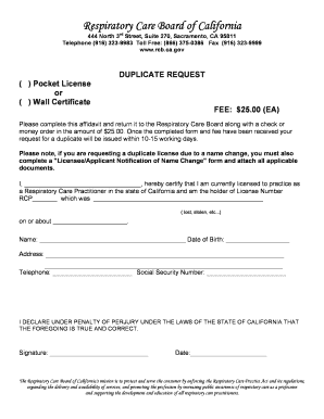 California Respiratory Care Duplicate License Request