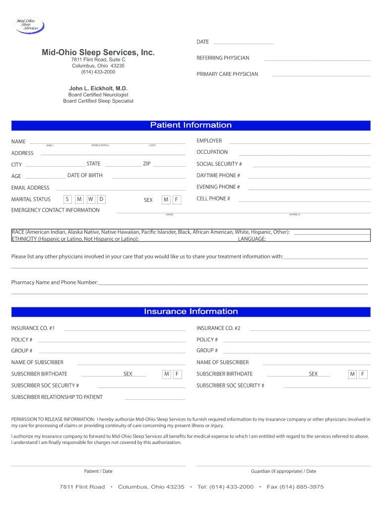 Printable Intake Forms - Mid-Ohio Sleep Services Preview on Page 1