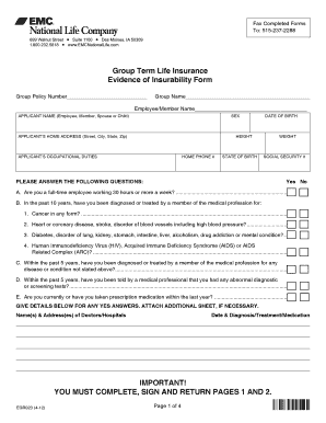 Group Term Life Insurance Evidence of Insurability Form