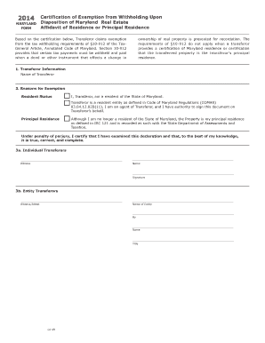 Maryland Affidavit of Residence for Real Estate