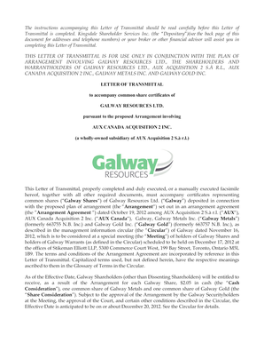 Letter of Transmittal - Galway Gold Inc.