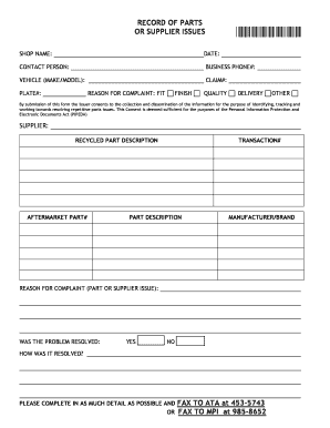 Record of Parts or Supplier Issues Form