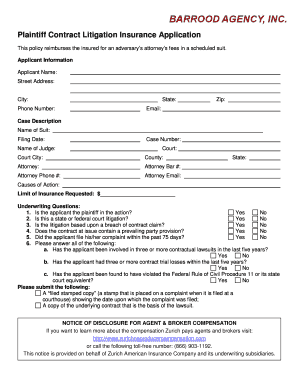 Plaintiff Contract Litigation Insurance Application
