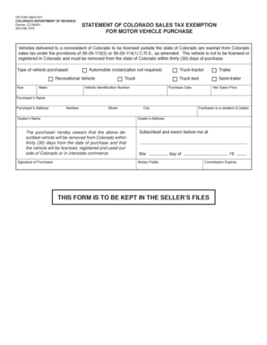 Colorado Sales Tax Exemption Form for Motor Vehicle Purchase