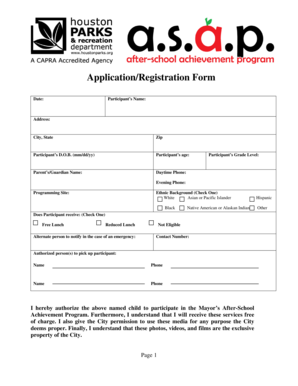 Mayor's After-School Achievement Program Registration Form