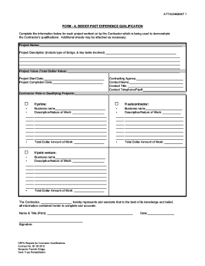Bidder Past Experience Qualification Form