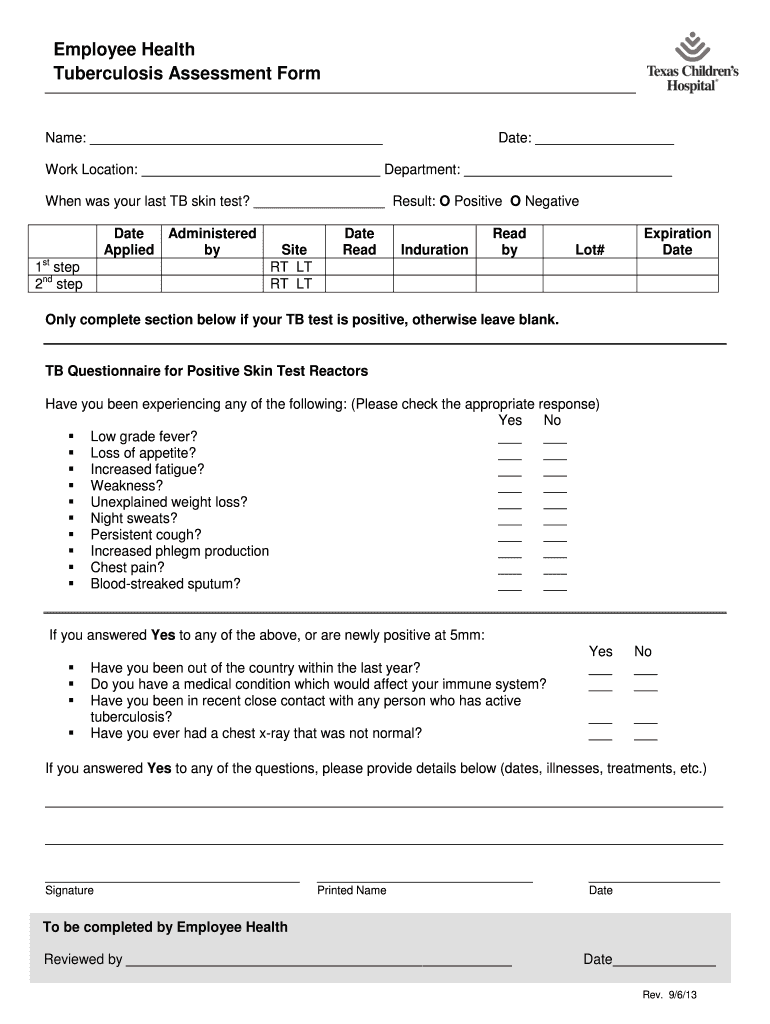 Employee Health Tuberculosis Assessment Form - texaschildrens Preview on Page 1