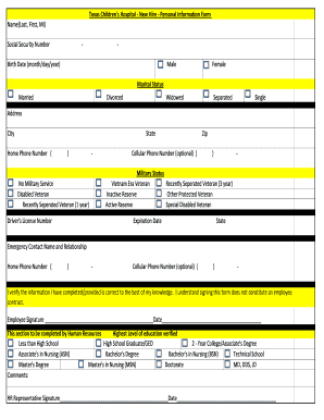 Texas Children's Hospital New Hire Personal Information Form