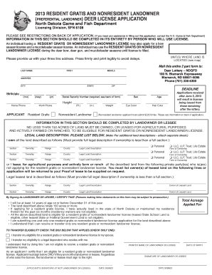 North Dakota Resident Gratis and Nonresident Landowner Deer License Application