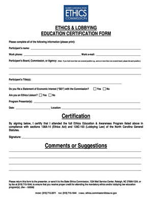 North Carolina Ethics Education Certification Form