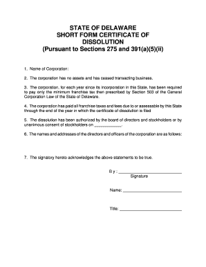 Delaware Short Form Certificate of Dissolution