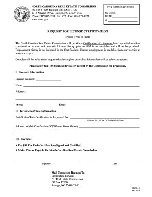 North Carolina Real Estate License Certification Request