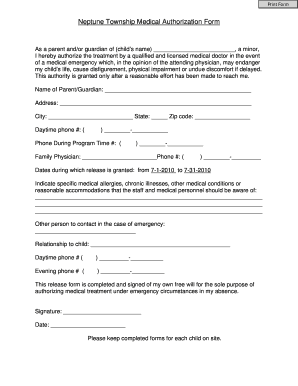 Neptune Township Medical Authorization Form