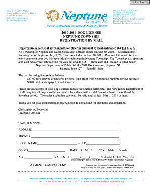 Neptune Township Dog License Application