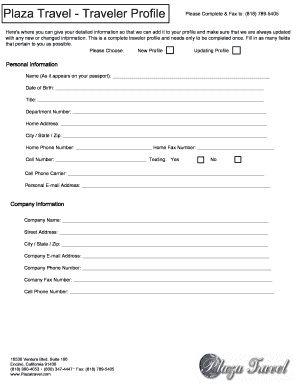 Plaza Travel Traveler Profile Form
