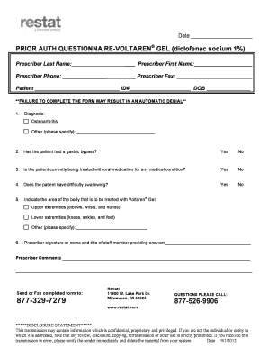 Prior Authorization Questionnaire for Voltaren Gel