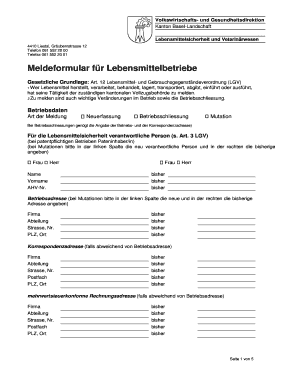 Meldeformular für Lebensmittelbetriebe