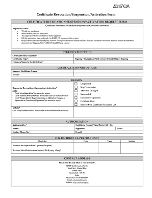 Certificate Revocation/Suspension/Activation Form