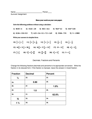 Summer Assignment Decimals Fractions and Percents