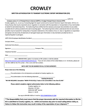 Crowley Written Authorization to Transmit Electronic Export Information