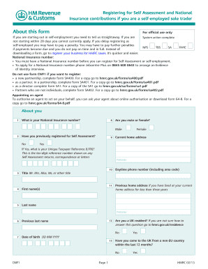 UK Self Assessment and National Insurance Registration Form