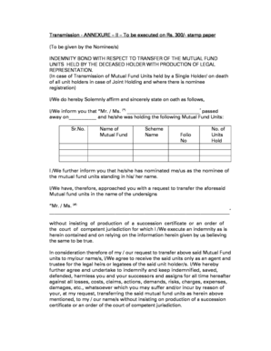 Indemnity Bond for Mutual Fund Transfer