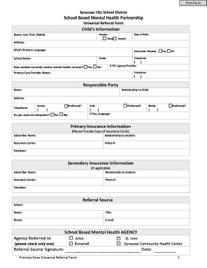 School Based Mental Health Partnership Universal Referral Form