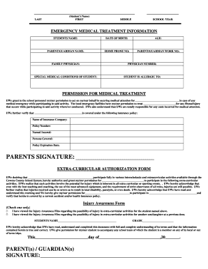 Emergency Medical Treatment and Extracurricular Authorization Form
