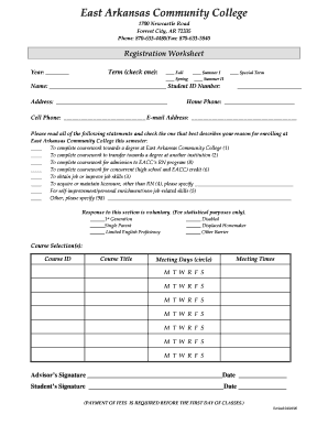 East Arkansas Community College Registration Worksheet