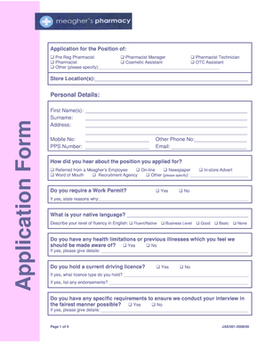 Pharmacy Job Application Form