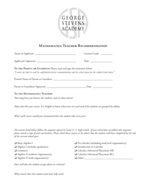 Mathematics Teacher Recommendation Form