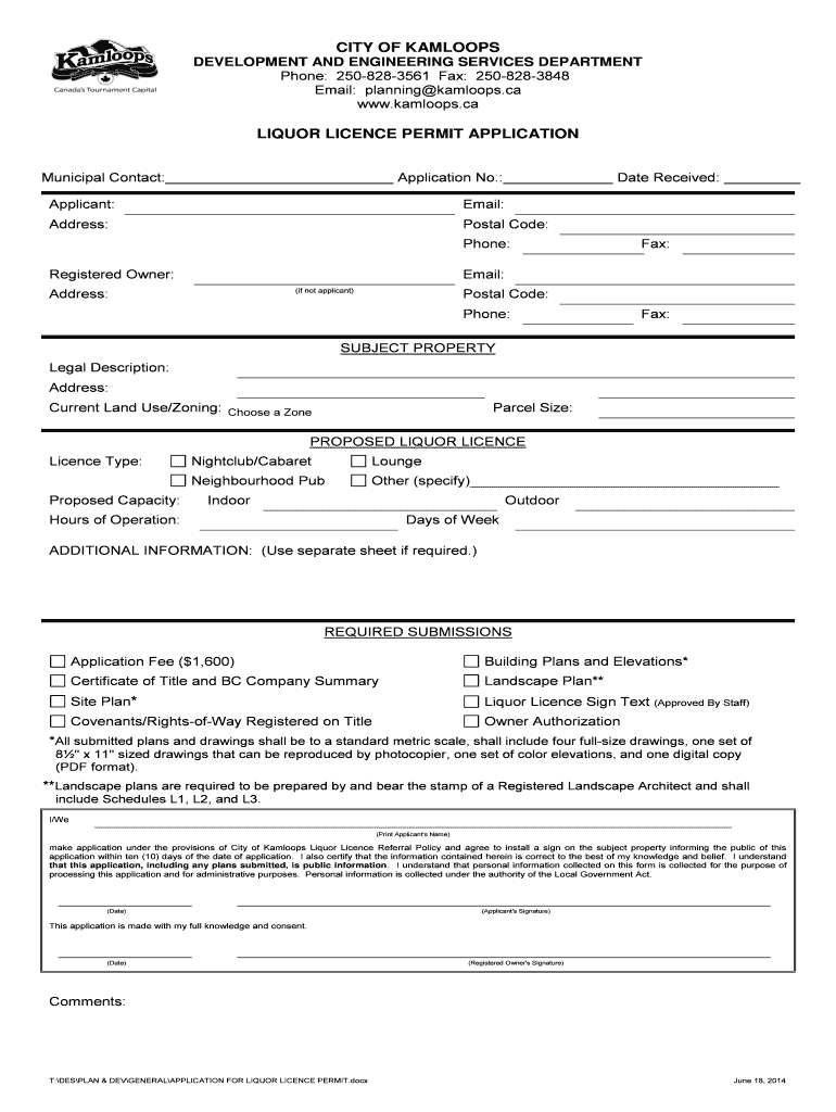 Fillable Online kamloops Liquor Licence Permit City of Kamloops Fax
