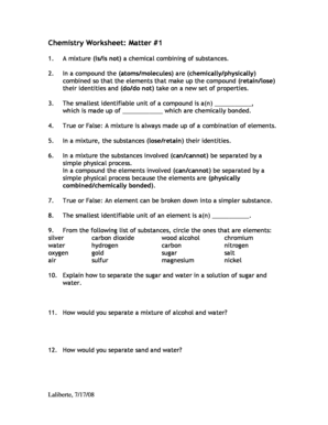 Chemistry Worksheet Matter