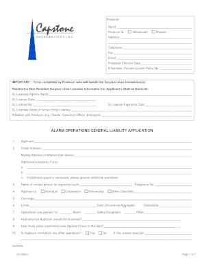 Alarm Operations General Liability Application