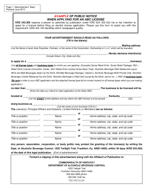 Kentucky Alcohol License Application Notice