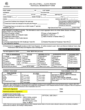 USA Volleyball Aloha Region Individual Membership Form