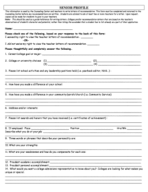 Senior Profile Form for College Recommendations