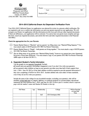 2014–2015 California Dream Act Dependent Verification Form