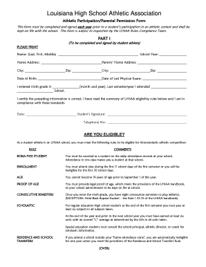 Louisiana High School Athletic Participation Parental Permission Form