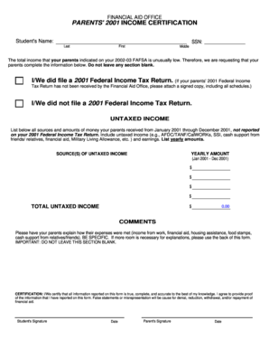 Parents' 2001 Income Certification