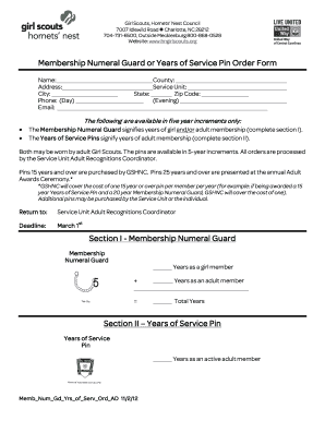 Girl Scouts Membership Numeral Guard or Years of Service Pin Order Form